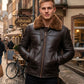 B024 Fur Shearling Men Warm Bomber Brown Genuine Leather Jacket Winter Coat