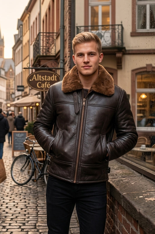 B024 Fur Shearling Men Warm Bomber Brown Genuine Leather Jacket Winter Coat