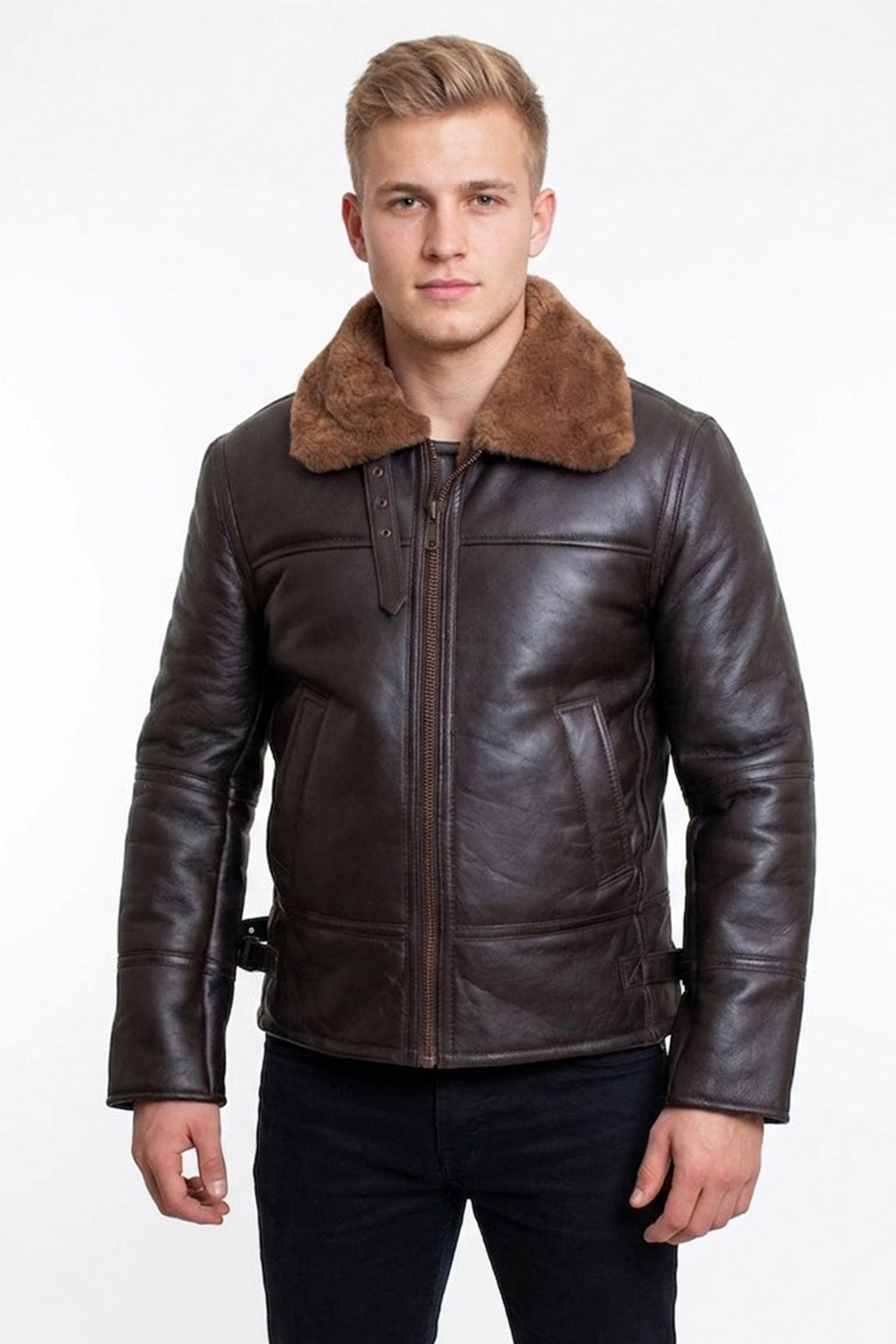 B024 Fur Shearling Men Warm Bomber Brown Genuine Leather Jacket Winter Coat
