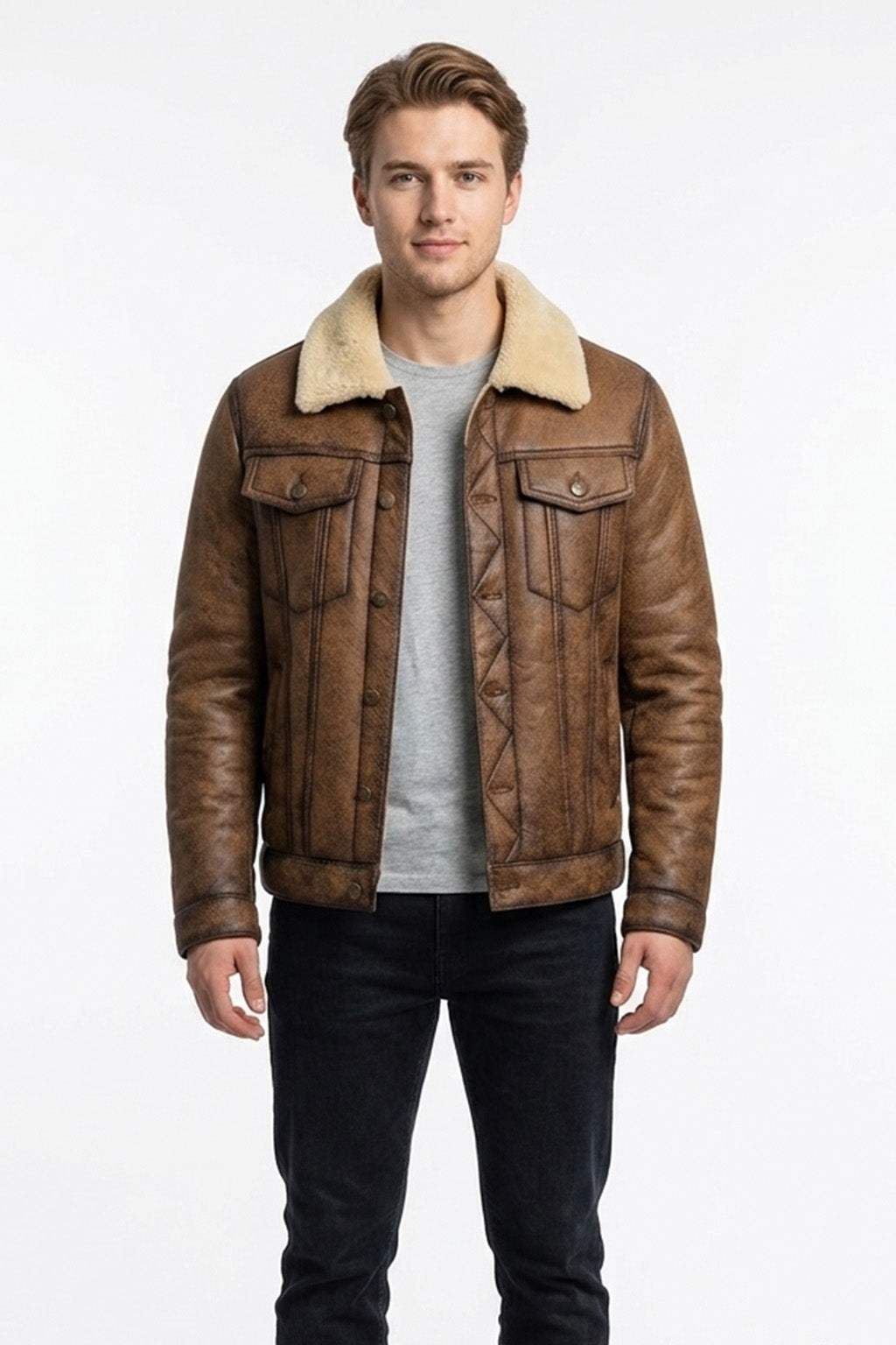 B026 Men Classic B3 Original Real Leather Jacket Brown Off White
