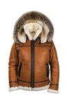 B027 Men Classic Top Gun Real Leather B3 Jacket Dean Tan White Fox Fur Hood