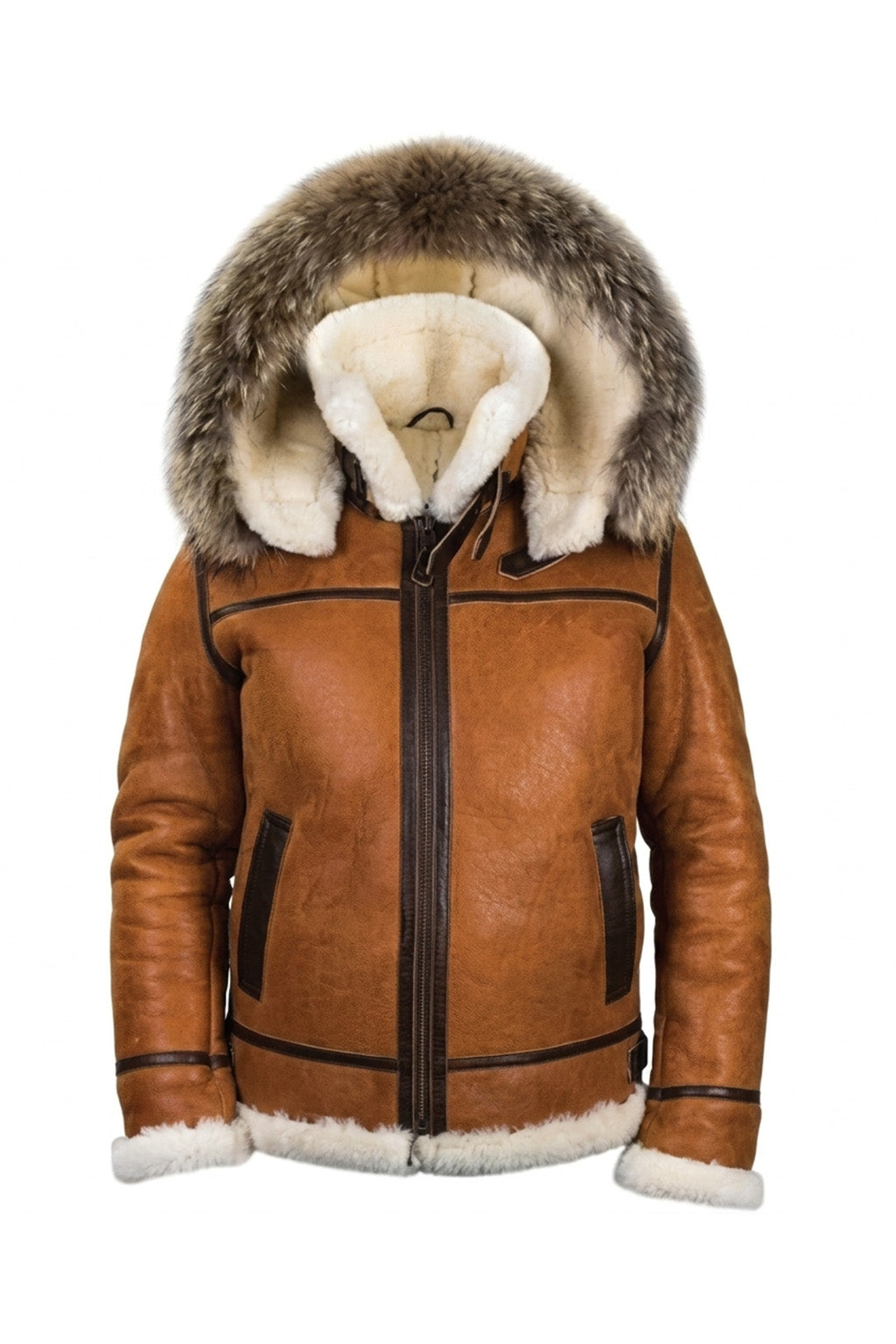 B027 Men Classic Top Gun Real Leather B3 Jacket Dean Tan White Fox Fur Hood
