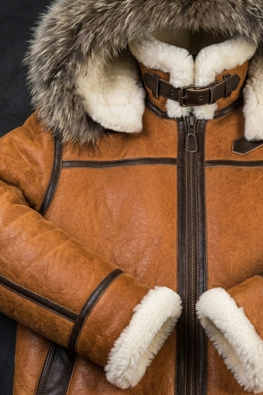 B027 Men Classic Top Gun Real Leather B3 Jacket Dean Tan White Fox Fur Hood