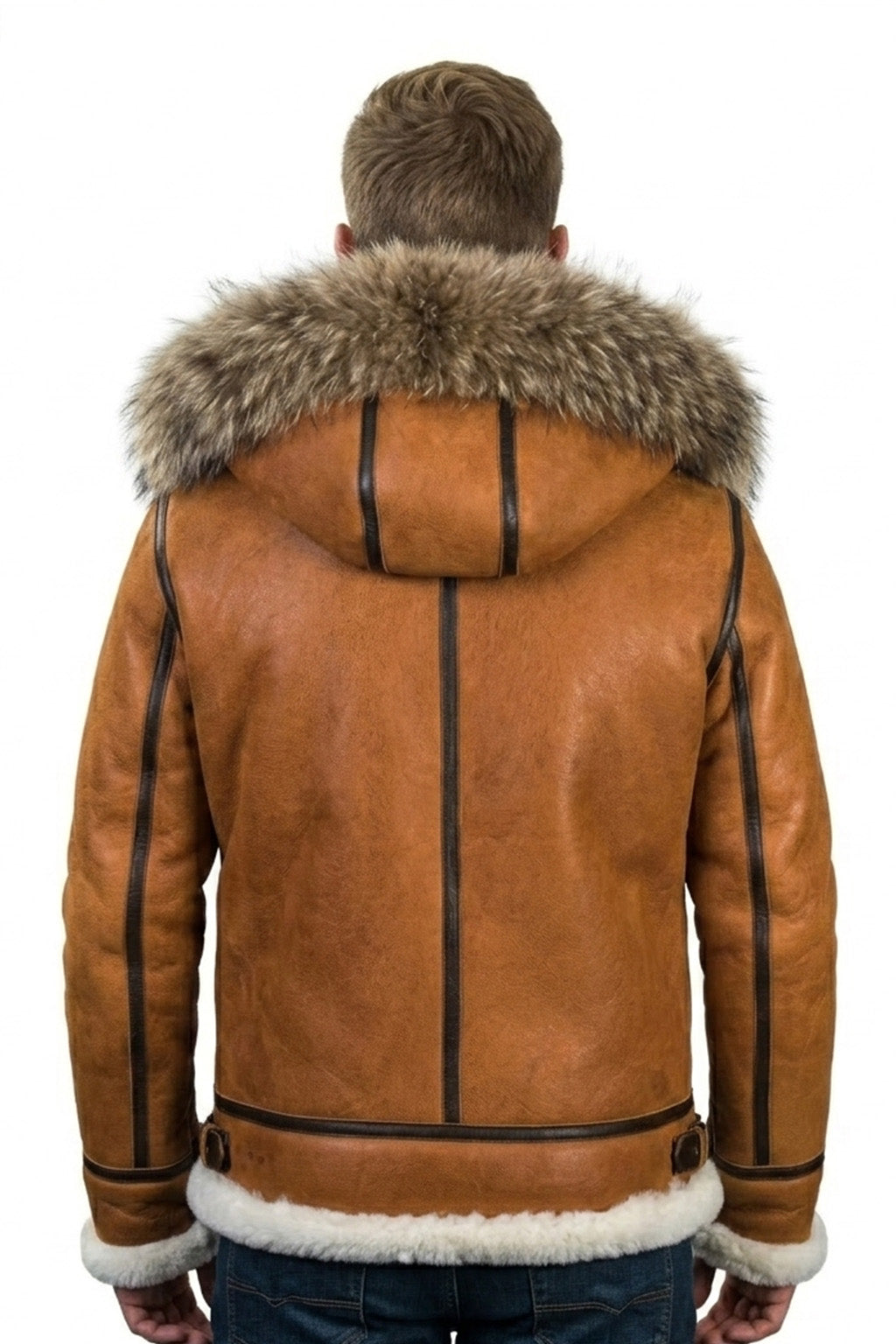 B027 Men Classic Top Gun Real Leather B3 Jacket Dean Tan White Fox Fur Hood