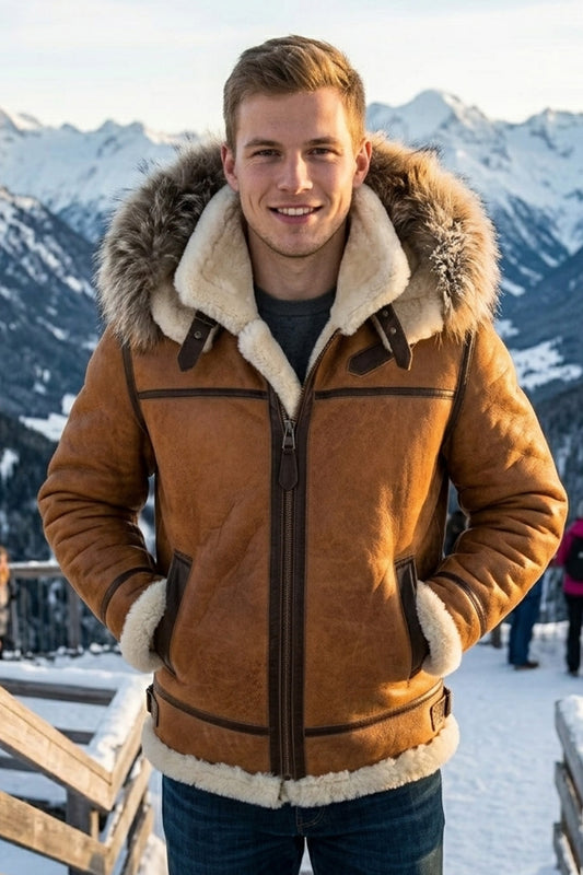 B027 Men Classic Top Gun Real Leather B3 Jacket Dean Tan White Fox Fur Hood