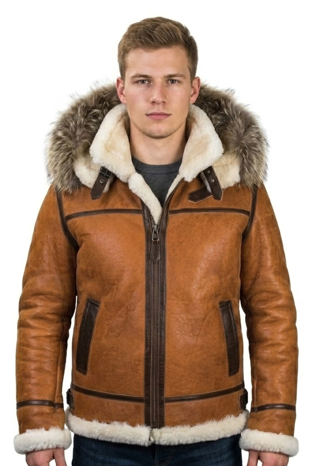 B027 Men Classic Top Gun Real Leather B3 Jacket Dean Tan White Fox Fur Hood