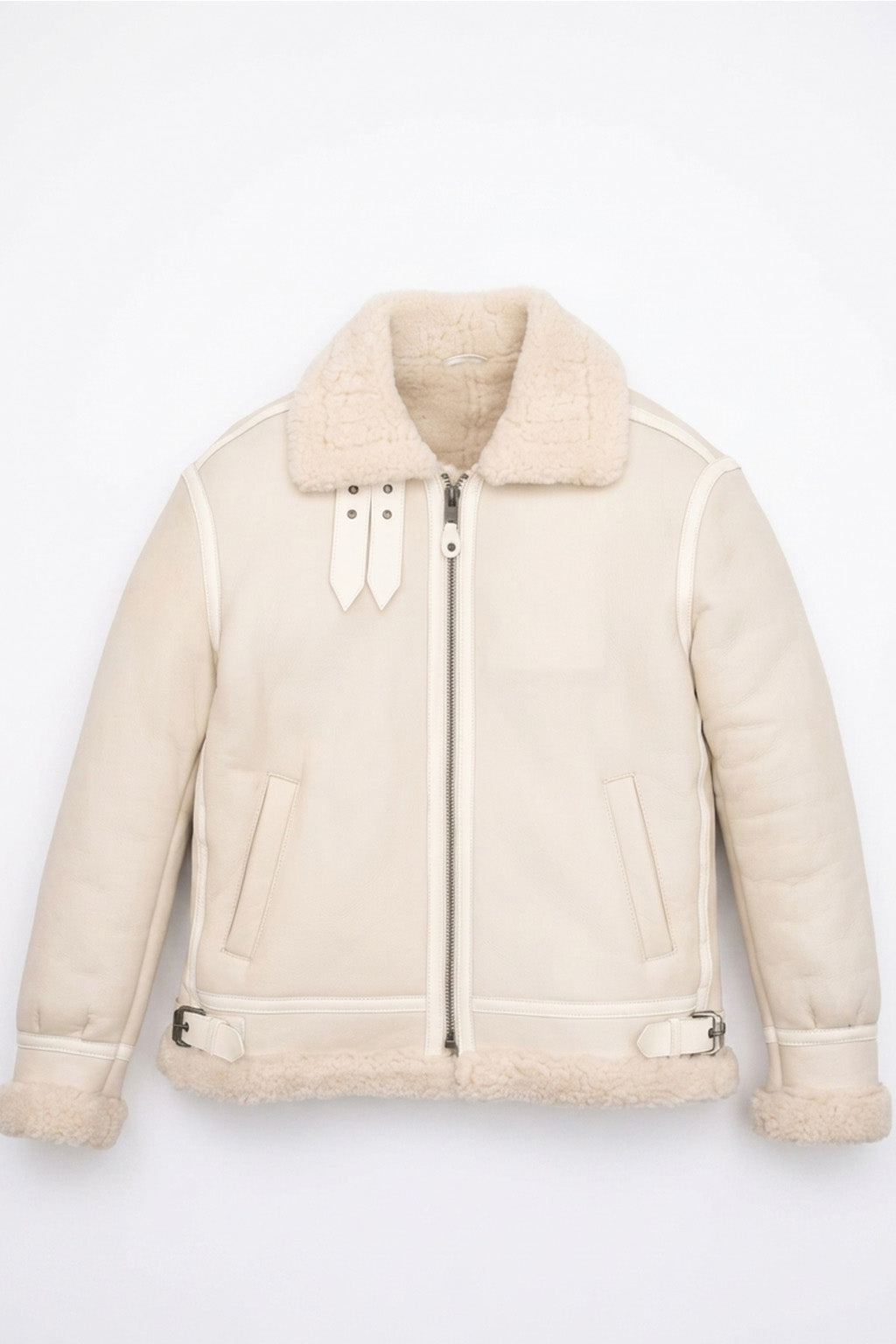 B028 Men Real Leather Fur Shearling Jacket White