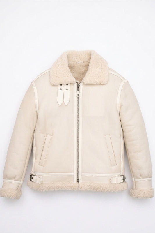 B028 Men Real Leather Fur Shearling Jacket White