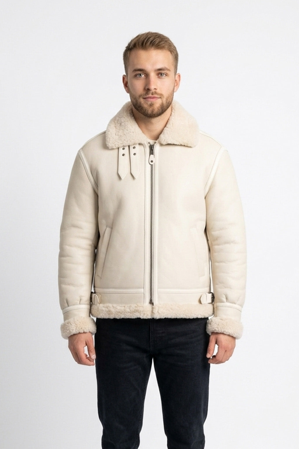 B028 Men Real Leather Fur Shearling Jacket White