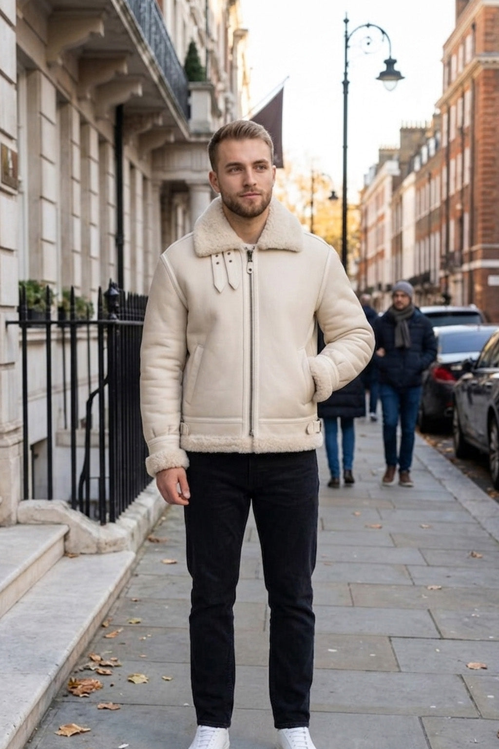 B028 Men Real Leather Fur Shearling Jacket White