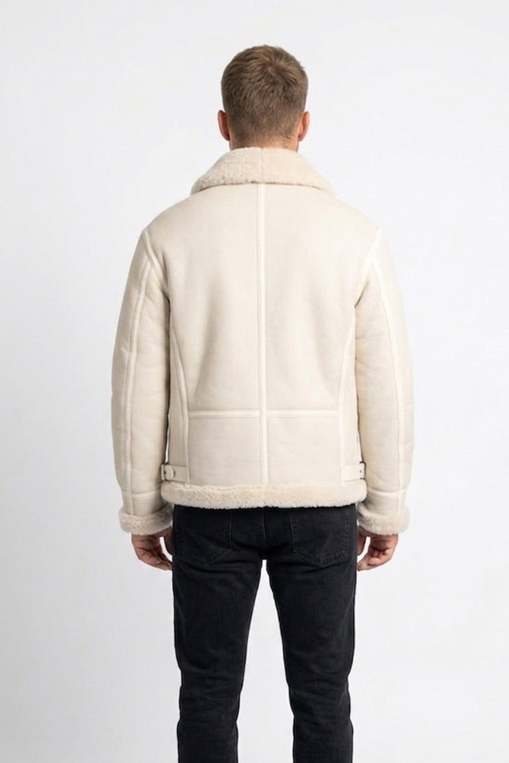 B028 Men Real Leather Fur Shearling Jacket White