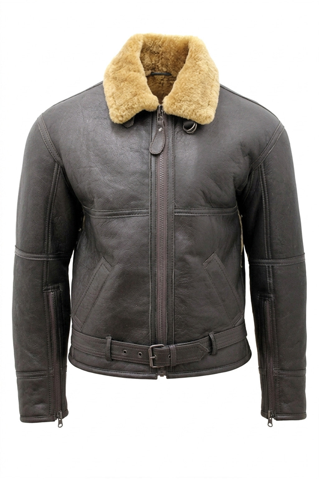 B029 Men Real Leather Aviator Jacket with Fur Collar and Belted Waist