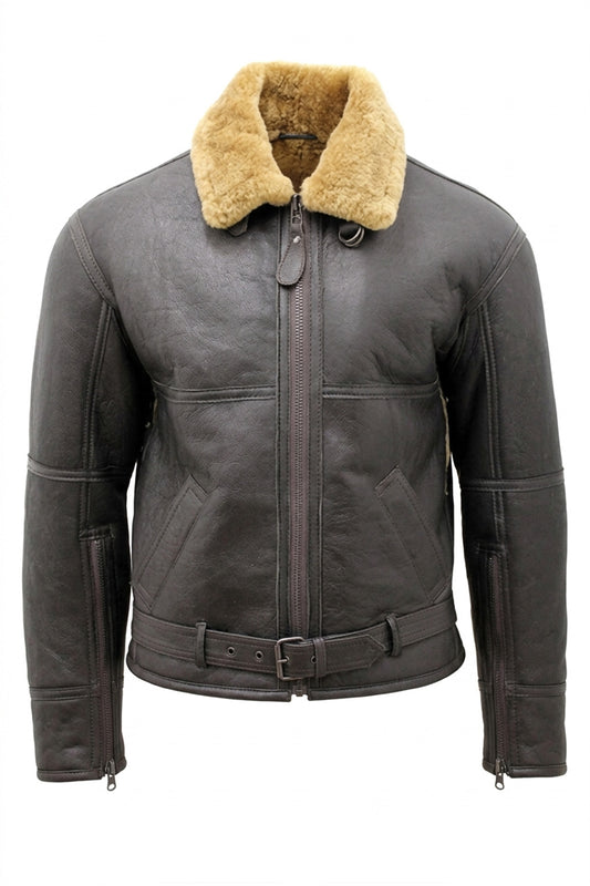 B029 Men Real Leather Aviator Jacket with Fur Collar and Belted Waist