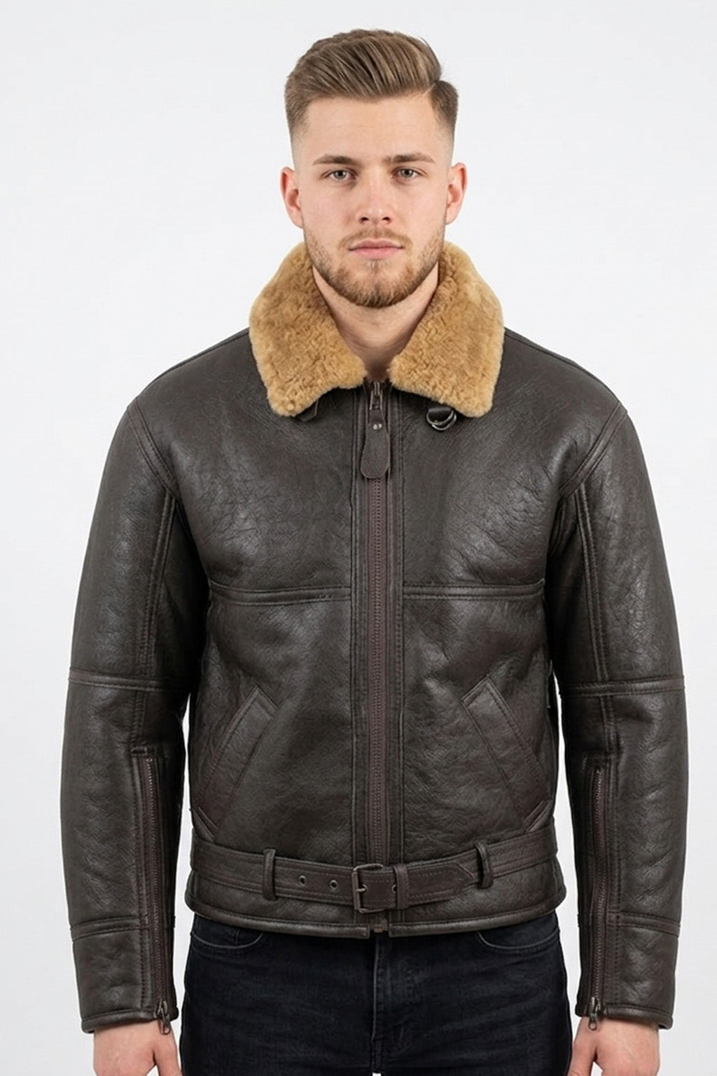 B029 Men Real Leather Aviator Jacket with Fur Collar and Belted Waist