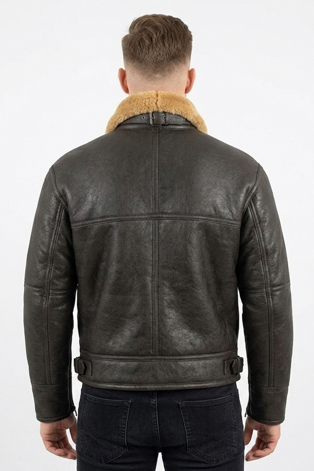 B029 Men Real Leather Aviator Jacket with Fur Collar and Belted Waist
