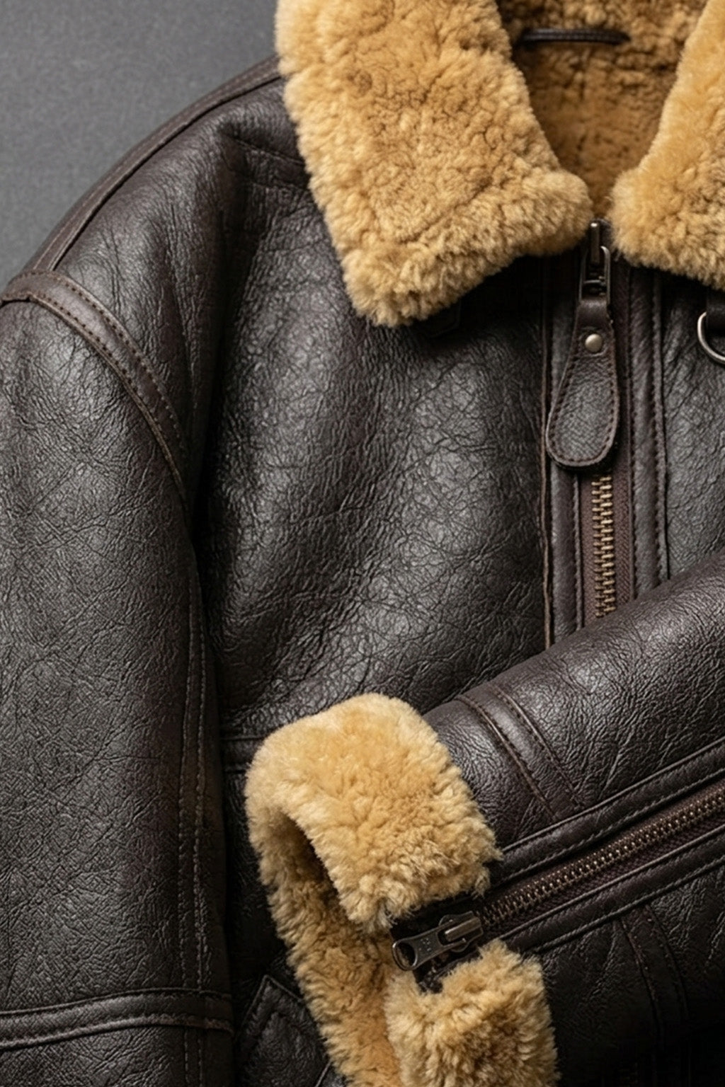 B029 Men Real Leather Aviator Jacket with Fur Collar and Belted Waist