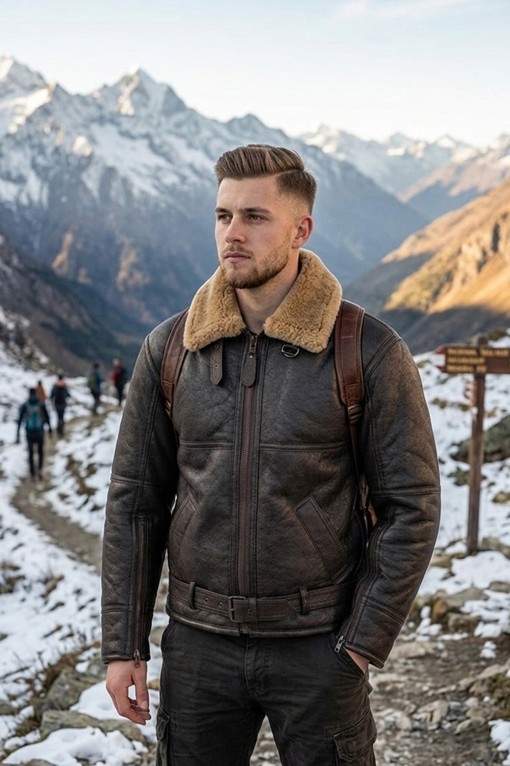 B029 Men Real Leather Aviator Jacket with Fur Collar and Belted Waist