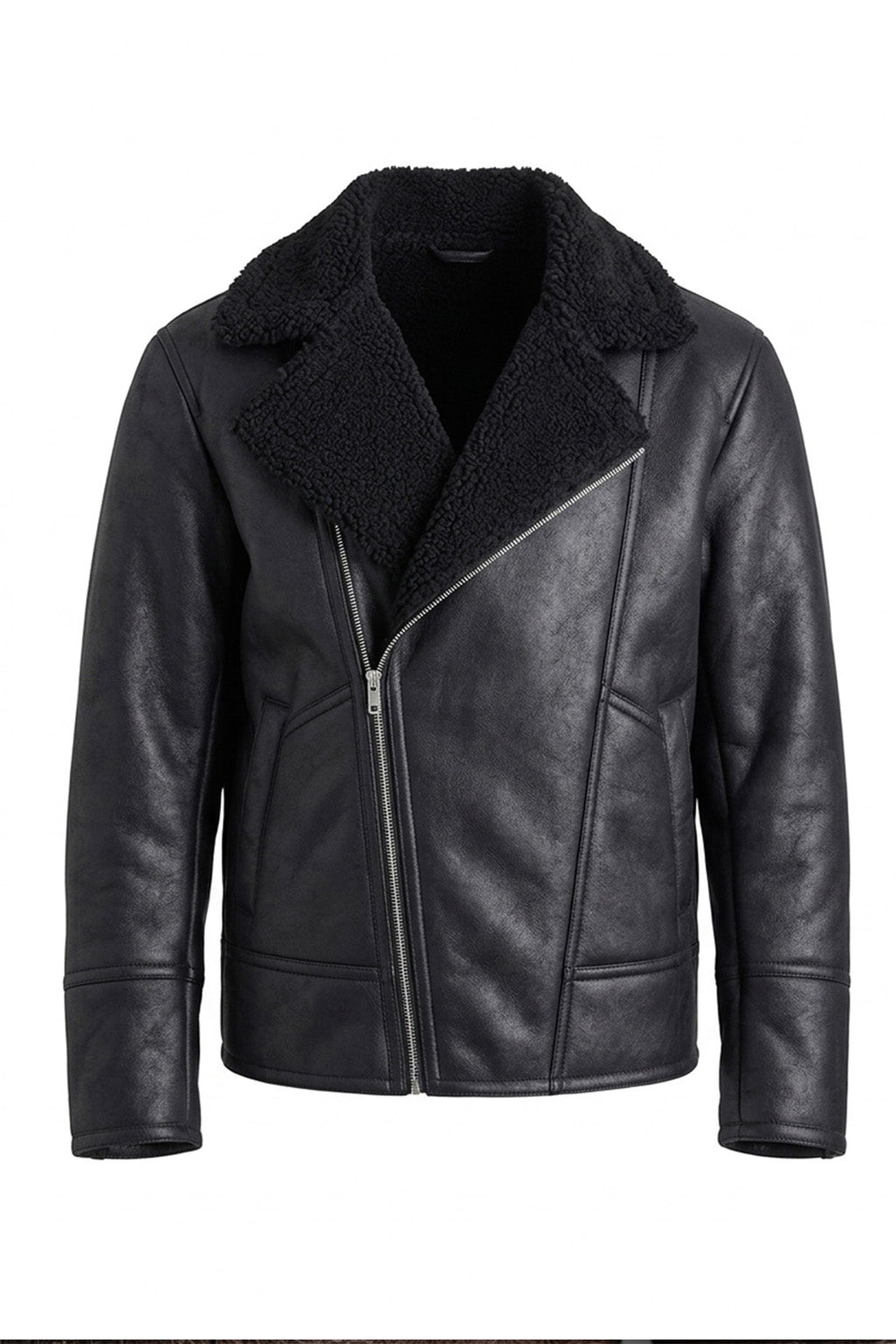 B030 Men Real Leather  Aviator Jacket Black Sheep shearling Fur Collar