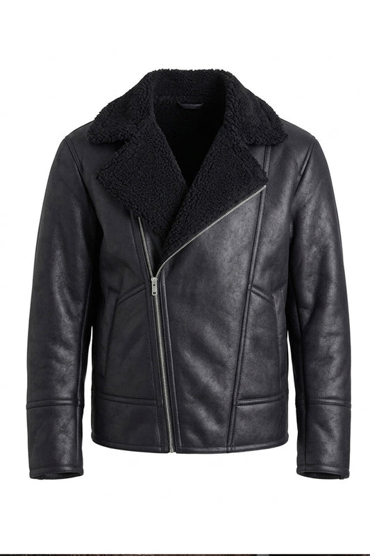 B030 Men Real Leather  Aviator Jacket Black Sheep shearling Fur Collar