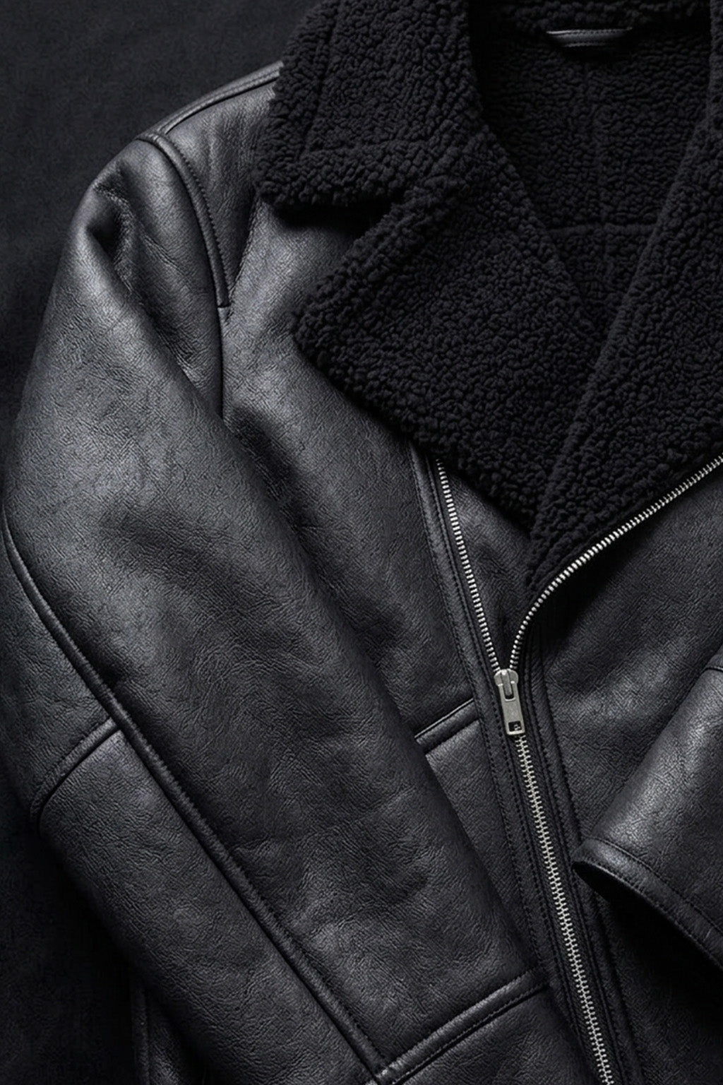 B030 Men Real Leather  Aviator Jacket Black Sheep shearling Fur Collar