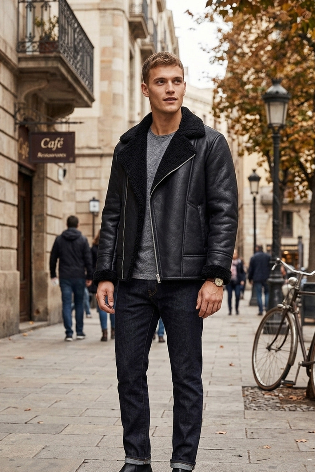 B030 Men Real Leather  Aviator Jacket Black Sheep shearling Fur Collar
