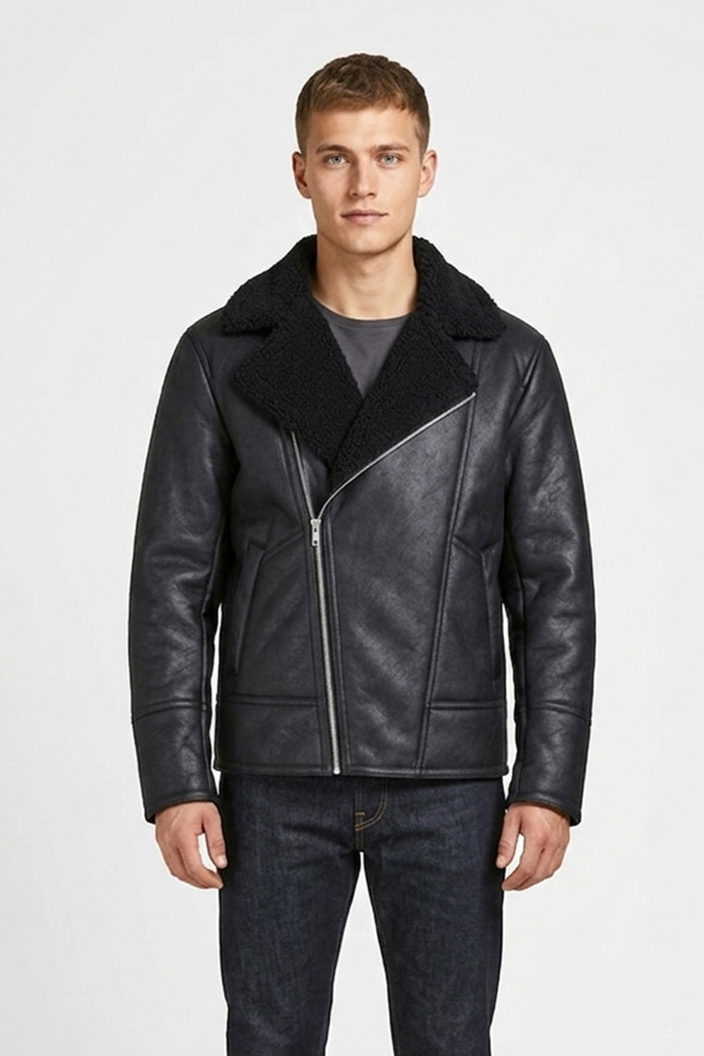 B030 Men Real Leather  Aviator Jacket Black Sheep shearling Fur Collar