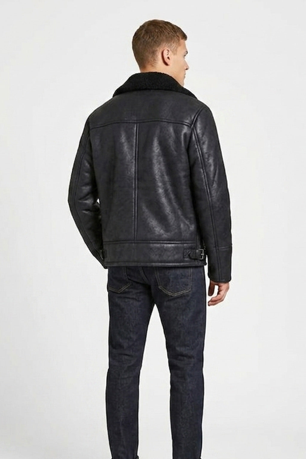 B030 Men Real Leather  Aviator Jacket Black Sheep shearling Fur Collar