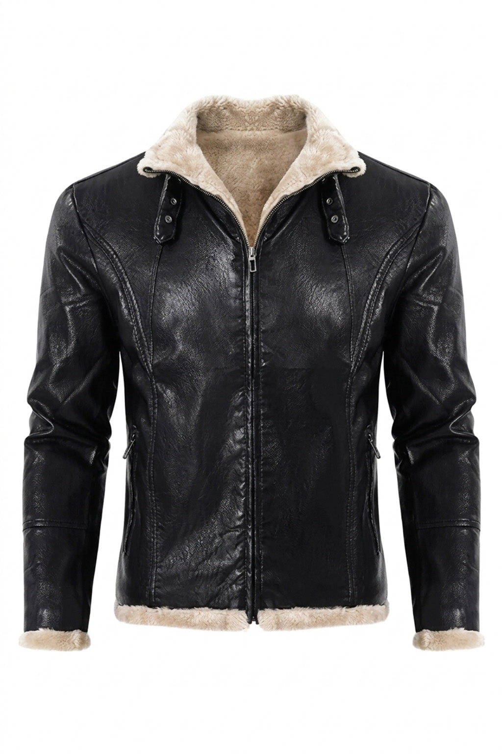B031 Men Real Leather Aviator Jacket - Black Sheep Shearling Fur Collar