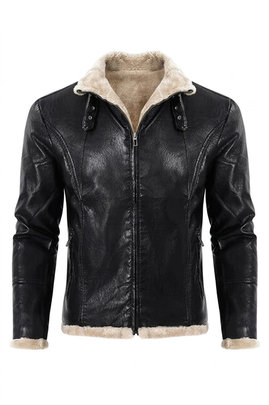 B031 Men Real Leather Aviator Jacket - Black Sheep Shearling Fur Collar