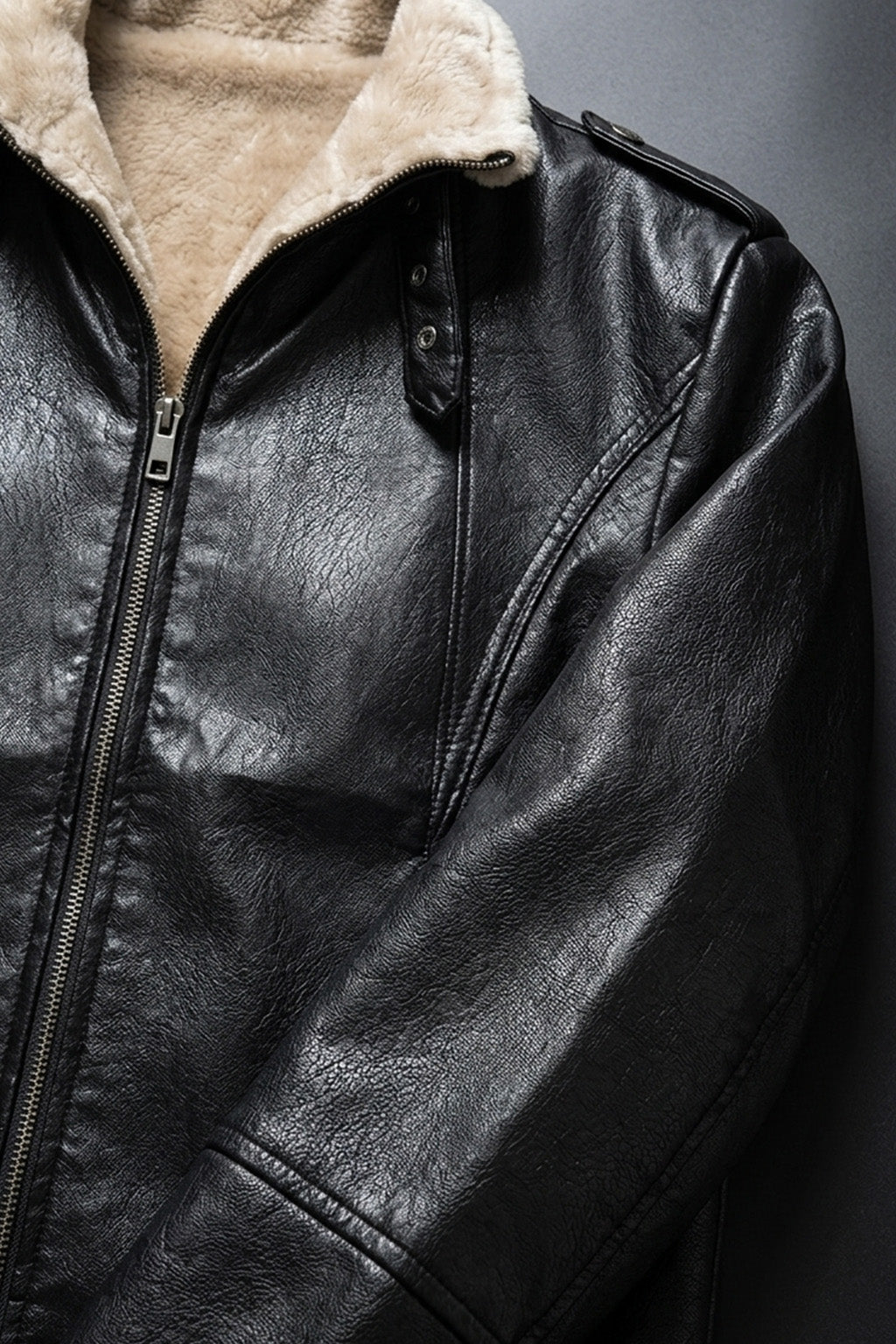 B031 Men Real Leather Aviator Jacket - Black Sheep Shearling Fur Collar