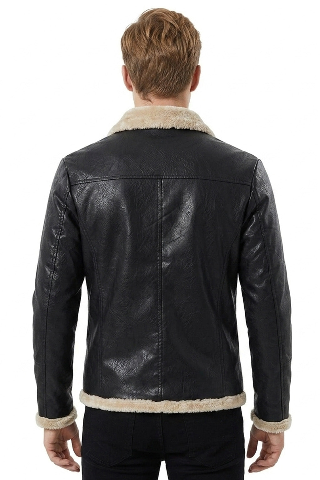 B031 Men Real Leather Aviator Jacket - Black Sheep Shearling Fur Collar
