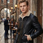 B031 Men Real Leather Aviator Jacket - Black Sheep Shearling Fur Collar