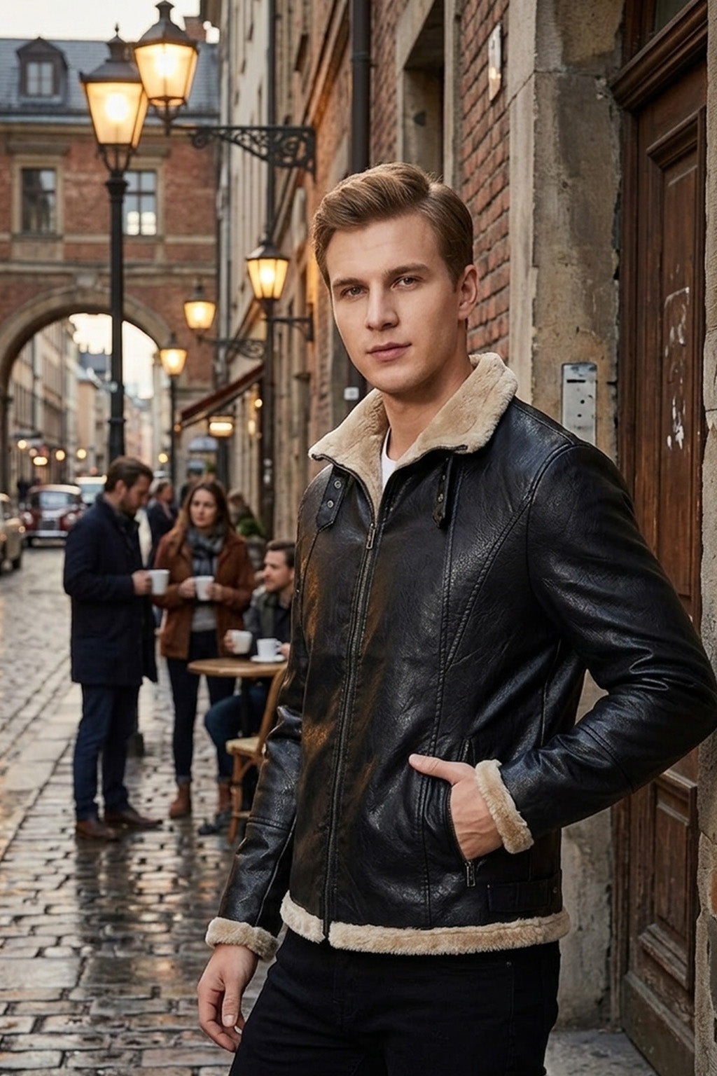 B031 Men Real Leather Aviator Jacket - Black Sheep Shearling Fur Collar