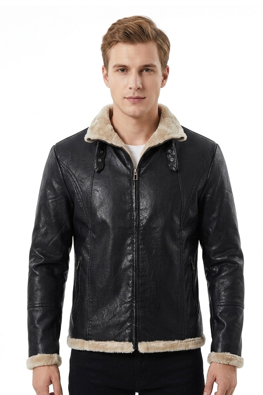 B031 Men Real Leather Aviator Jacket - Black Sheep Shearling Fur Collar