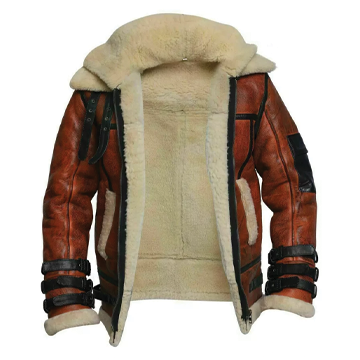 B032 Men  Aviator Real Leather Shearling Jacket Brown