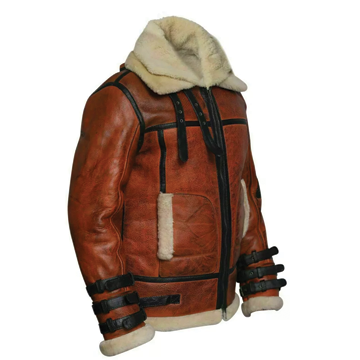 B032 Men  Aviator Real Leather Shearling Jacket Brown