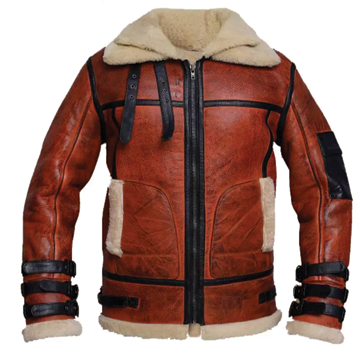 B032 Men  Aviator Real Leather Shearling Jacket Brown