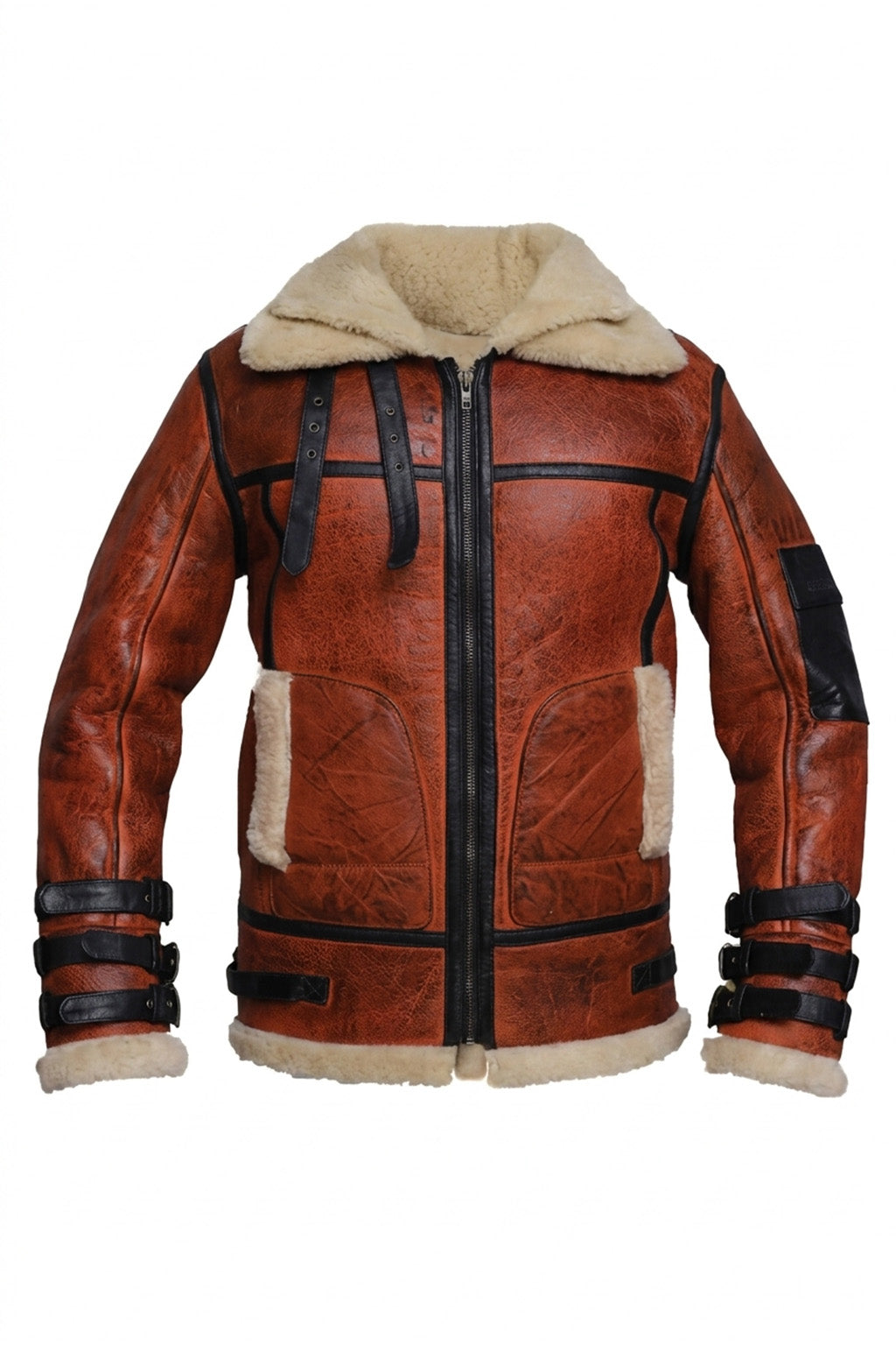B032 Men  Aviator Real Leather Shearling Jacket Brown