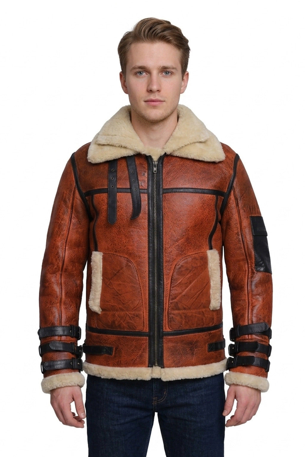 B032 Men  Aviator Real Leather Shearling Jacket Brown