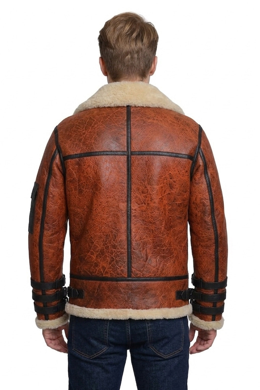 B032 Men  Aviator Real Leather Shearling Jacket Brown
