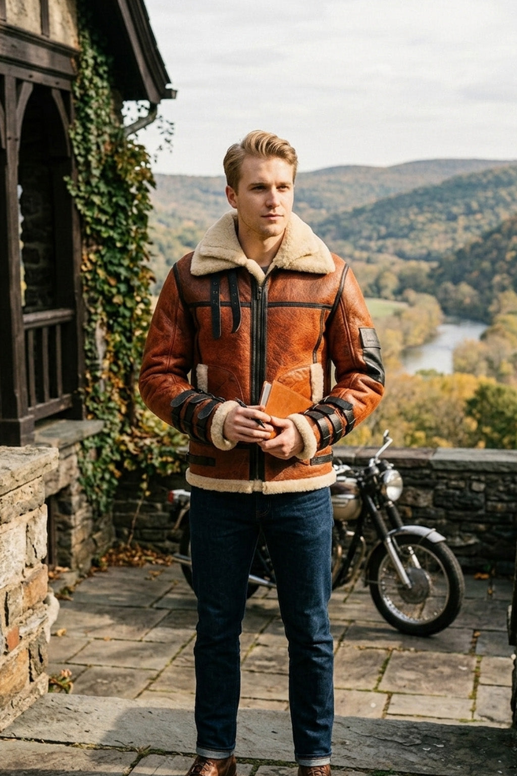 B032 Men  Aviator Real Leather Shearling Jacket Brown
