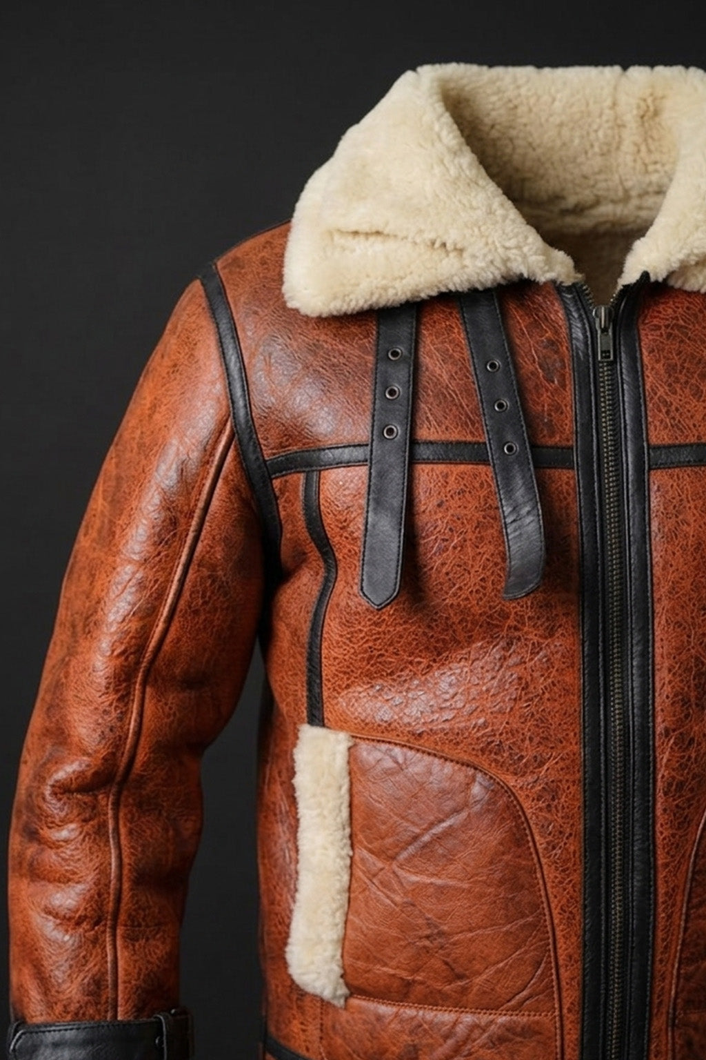 B032 Men  Aviator Real Leather Shearling Jacket Brown