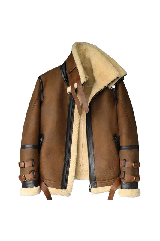 B033 Men’s Real Leather Shearling Aviator Jacket Brown