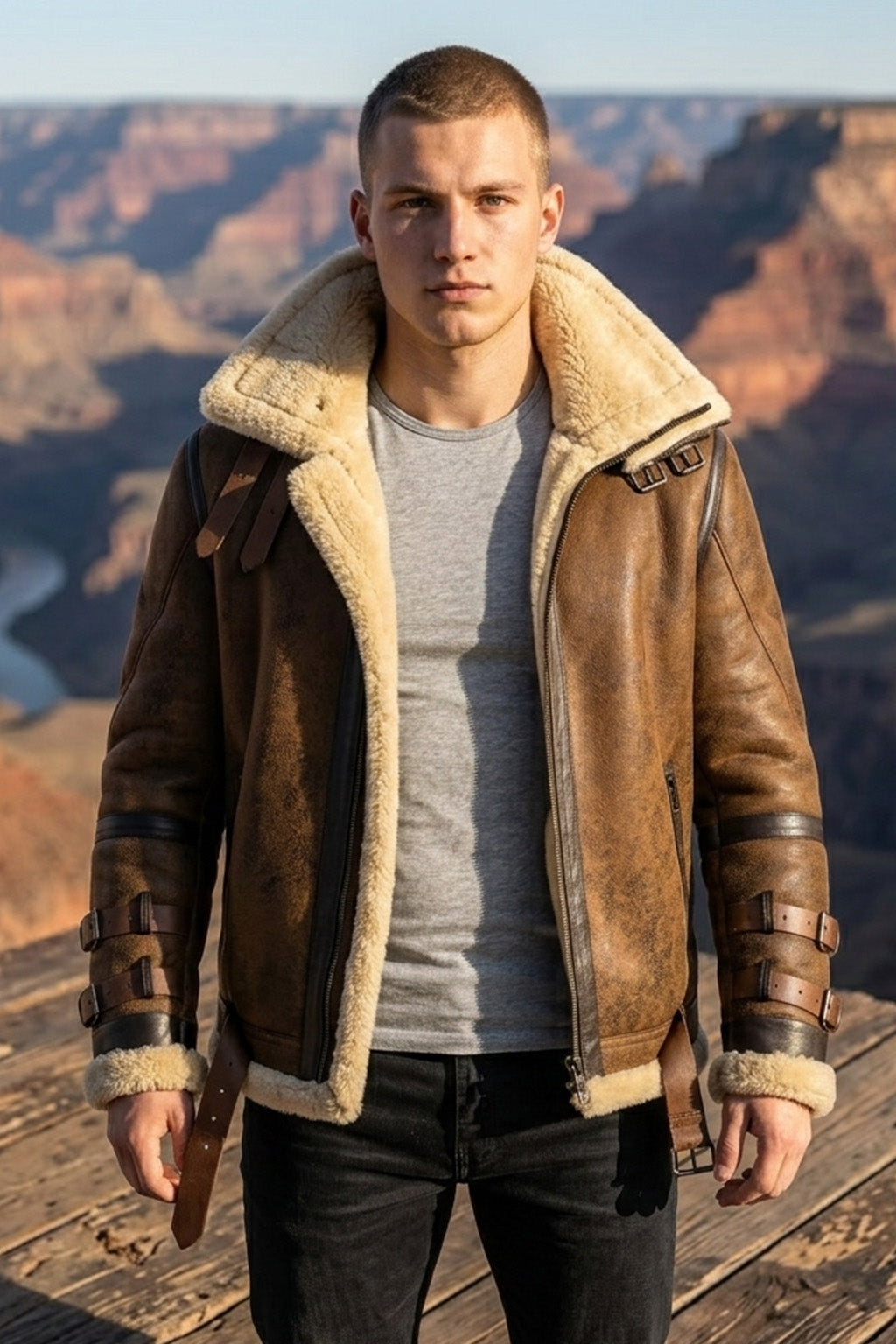 B033 Men’s Real Leather Shearling Aviator Jacket Brown
