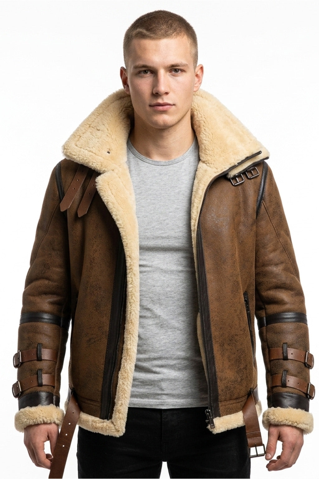 B033 Men’s Real Leather Shearling Aviator Jacket Brown