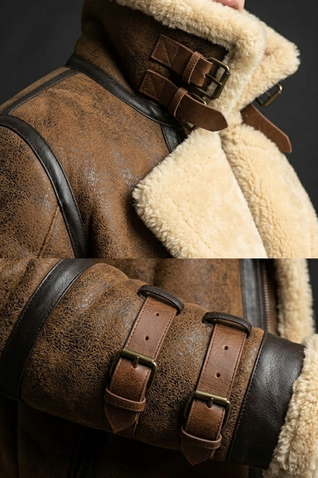 B033 Men’s Real Leather Shearling Aviator Jacket Brown
