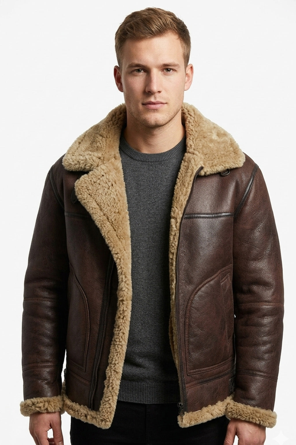 B034 B3 Flight Bomber Brown Aviator Army Style Real Leather Jacket