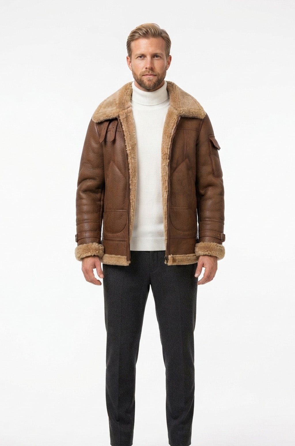 B035 Men B3 Real Leather Aviator Bomber WW11 Shearling Jacket Black & Brown