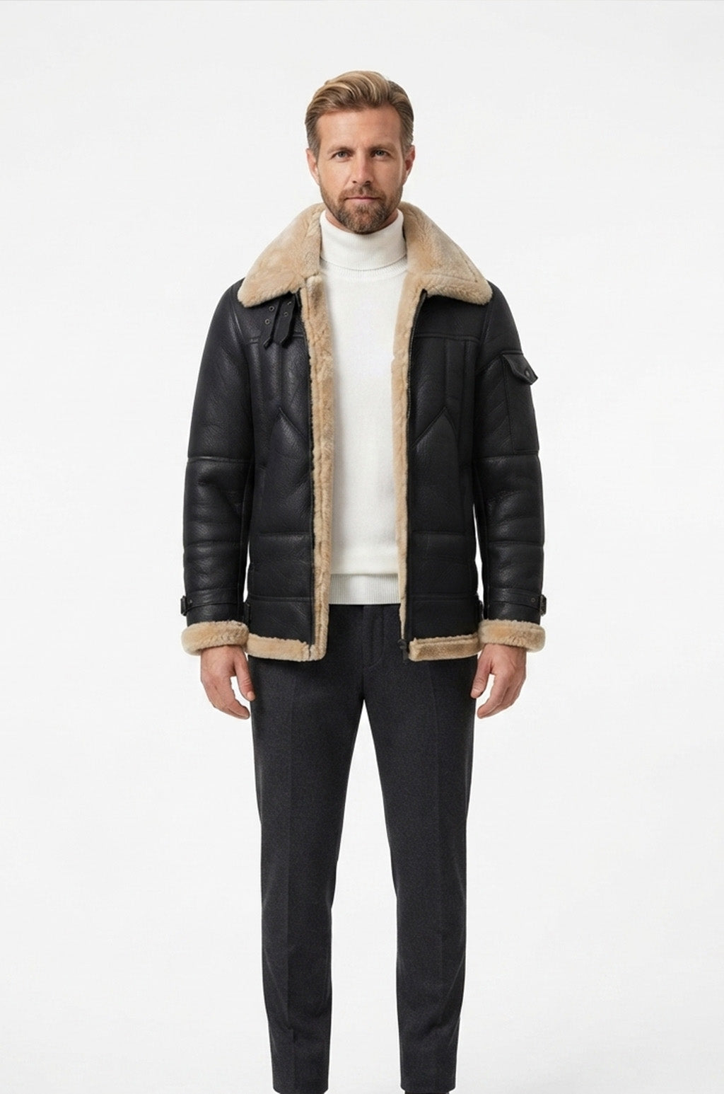 B035 Men B3 Real Leather Aviator Bomber WW11 Shearling Jacket Black & Brown