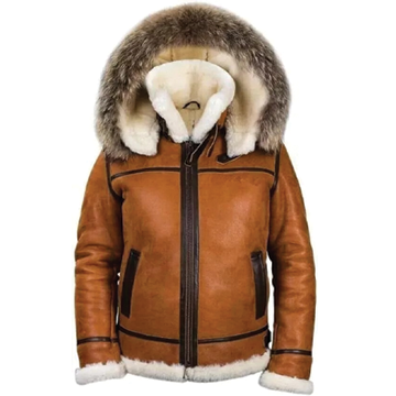 B027 Men Classic Top Gun Real Leather B3 Jacket Dean Tan White Fox Fur Hood